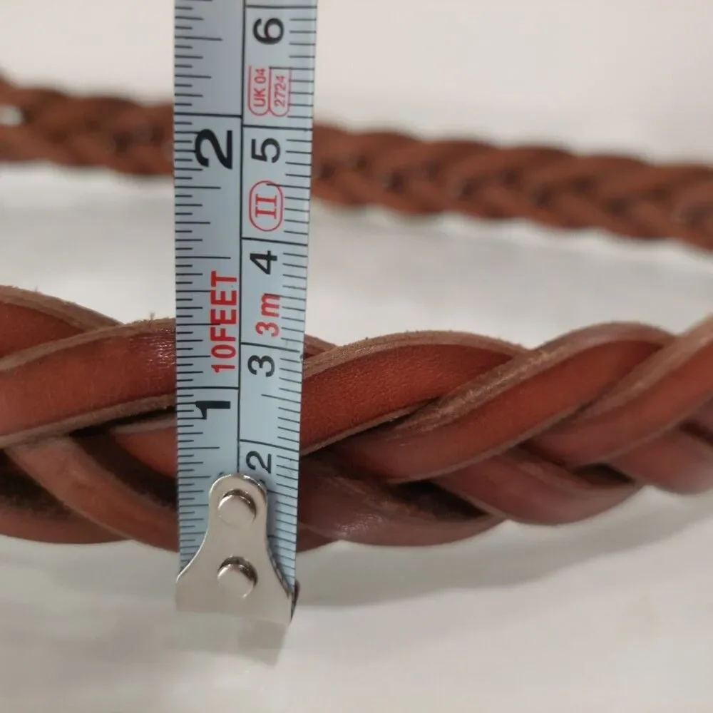 New RLL Ralph Lauren Tan Split Leather Braided Belt Massive Buckle Sz Smal